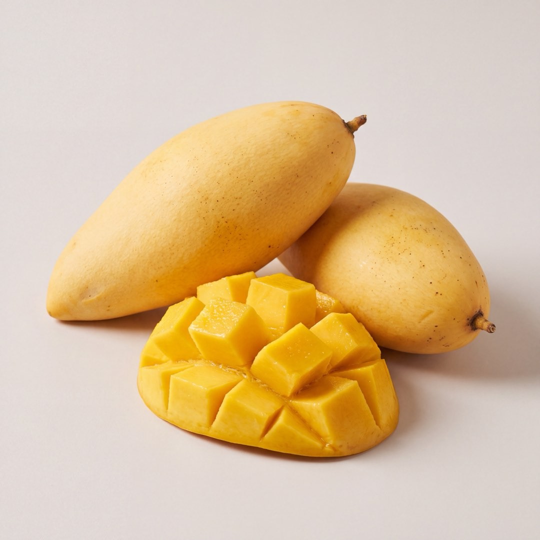 Thai Nam Dok Mai mangoes, one cut into cubes