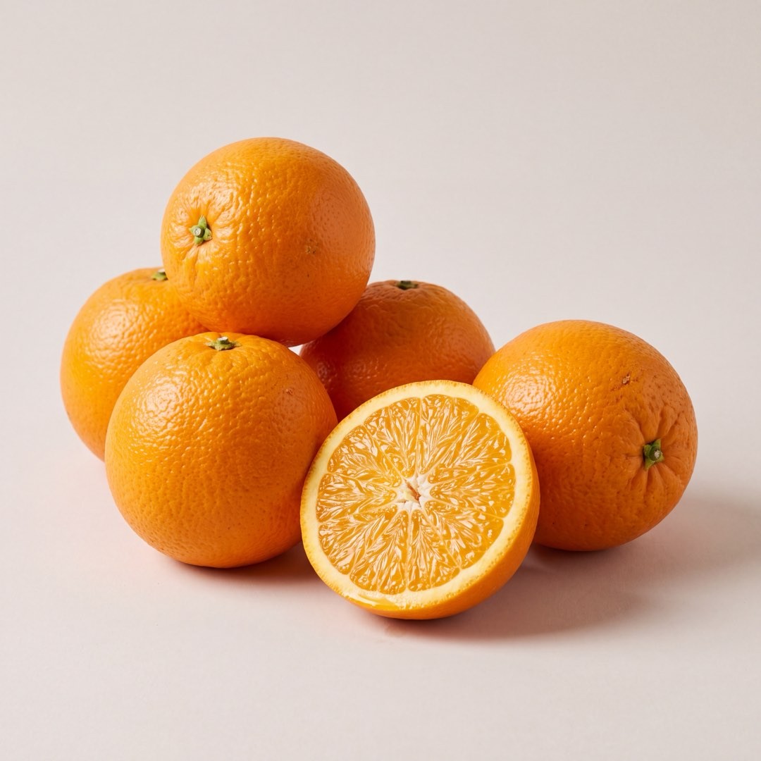 Egyptian navel oranges, one halved