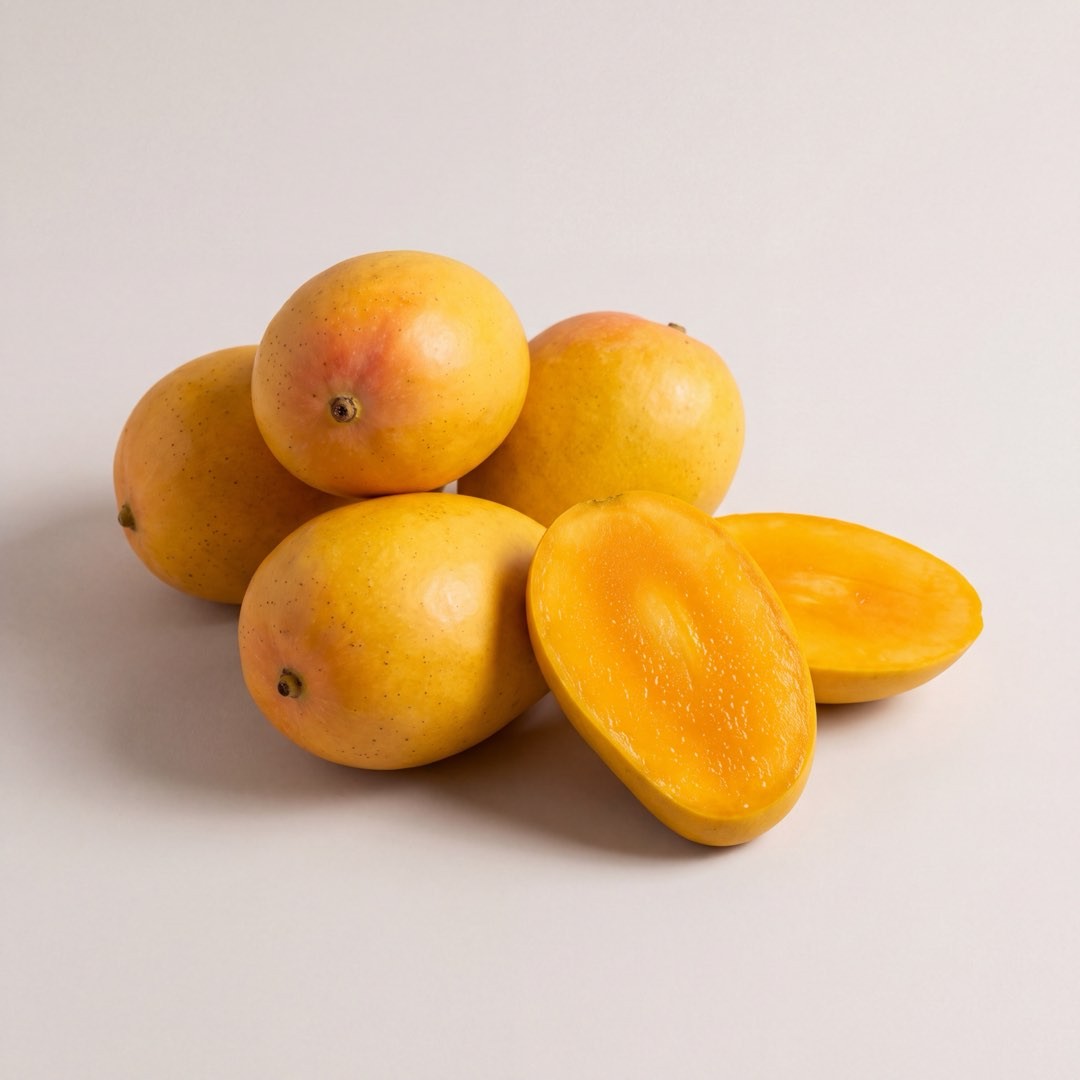 Alphonso mangoes, one cut open